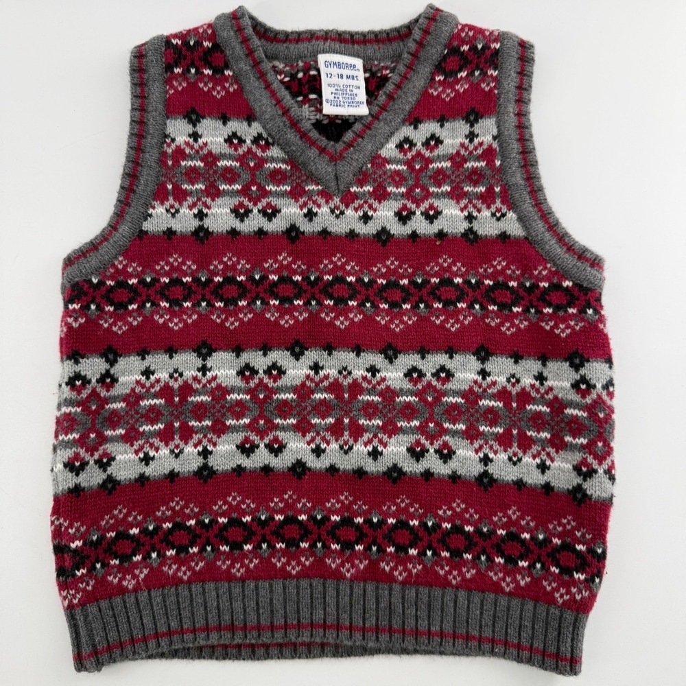 Gymboree Kids 12-18M Sweater Vest Red Fair Isle Vintage Knit Holiday Preppy EUC